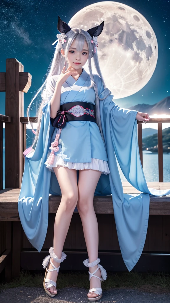 **Prompt:** Create an ultra-realistic 8K resolution image of Tsukuyomi, the Japanese moon god from Shinto mythology, reimagined as the ultimate moe character while retaining the deity's iconic features. Tsukuyomi is depicted with an adorable, youthful appearance, featuring large, shimmering silver eyes that exude a gentle and innocent charm. Her long, flowing silver hair is styled in soft, voluminous waves with cute hairpins shaped like crescent moons and stars, adding a playful touch.
Her outfit is a blend of traditional and modern moe fashion, with a short, frilly kimono in shades of pale blue and white, adorned with delicate moon and star patterns. The kimono has oversized sleeves and a ribbon tied around her waist, creating a cute and enchanting silhouette. She wears knee-high socks with little moon charms attached, and her sandals are decorated with tiny stars.
Tsukuyomi's expression is sweet and slightly shy, with a gentle blush on her cheeks. She holds a small, glowing crescent moon in her hands, which emits a soft, calming light. Her posture is demure, with one hand gently touching her cheek as she gazes up at the night sky.
The background is a serene, moonlit landscape with sparkling stars and a gentle breeze, creating a peaceful and enchanting atmosphere. The setting perfectly complements Tsukuyomi's moe transformation, blending the deity's celestial origins with the irresistible charm of a modern moe character, resulting in a figure that is both captivating and heartwarming.