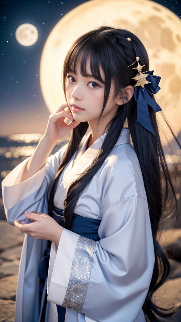 **Prompt:** Create an ultra-realistic 8K resolution image of Tsukuyomi, the Japanese moon god from Shinto mythology, reimagined as the ultimate moe character while retaining the deity's iconic features. Tsukuyomi is depicted with an adorable, youthful appearance, featuring large, shimmering silver eyes that exude a gentle and innocent charm. Her long, flowing silver hair is styled in soft, voluminous waves with cute hairpins shaped like crescent moons and stars, adding a playful touch.
Her outfit is a blend of traditional and modern moe fashion, with a short, frilly kimono in shades of pale blue and white, adorned with delicate moon and star patterns. The kimono has oversized sleeves and a ribbon tied around her waist, creating a cute and enchanting silhouette. She wears knee-high socks with little moon charms attached, and her sandals are decorated with tiny stars.
Tsukuyomi's expression is sweet and slightly shy, with a gentle blush on her cheeks. She holds a small, glowing crescent moon in her hands, which emits a soft, calming light. Her posture is demure, with one hand gently touching her cheek as she gazes up at the night sky.
The background is a serene, moonlit landscape with sparkling stars and a gentle breeze, creating a peaceful and enchanting atmosphere. The setting perfectly complements Tsukuyomi's moe transformation, blending the deity's celestial origins with the irresistible charm of a modern moe character, resulting in a figure that is both captivating and heartwarming.