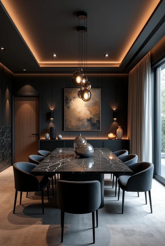 Professional 3d architecture rendering design of modern and minimal  dining room with  dark stone  colour  modern velvet  8 chairs and black  stone marble table  modern  and modern ceiling lighting and elegant ceiling lighting and dark wooden consulate  with elegant mirror elegant  and modern ceiling lighting and elegant wall painting  and elegant accessories 