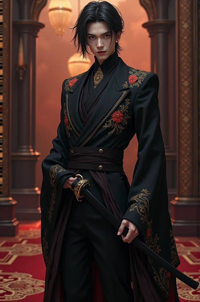 A man dressed as a Kimetsu no Yaiba with a black dress is super elegant 
