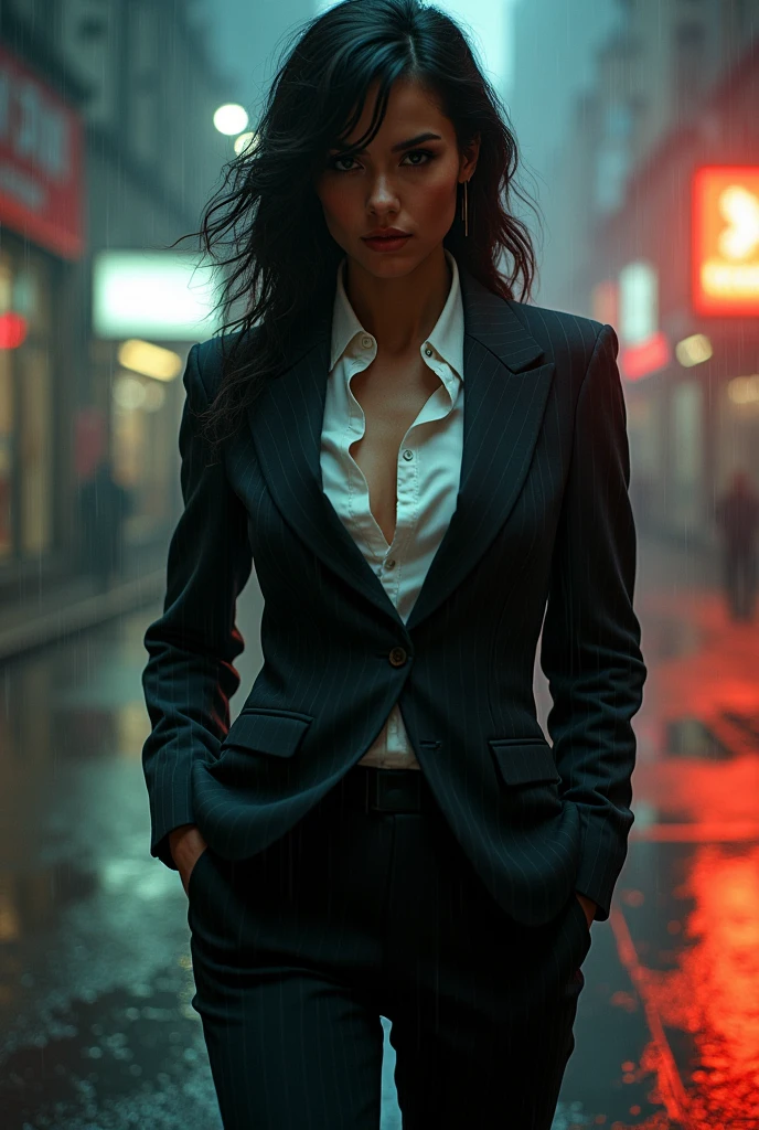 GTA STYLE，chumbo feminino，1girl, looks like sharon stone, 3/4 pose, fashion accessor、dark suit, white shirt unbuttoned top, future city streets，raining night time, retro artstyle，shadows and highlights，hight contrast，crime and danger、Tension and suspense、Reflections on the avant-garde and the low ebb、Shady、evocative composition。(Best quality at best,4K,8K,A high resolution,tmasterpiece:1.2),ultra - detailed,(actual,realisticlying,Photorealistic:1.37)