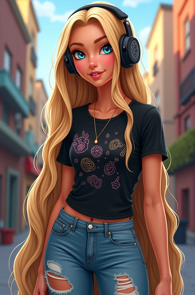 Rapunzel wearing jeans and a black t-shirt with cute drawings in the middle,headphones on and she&#39;s very modern.