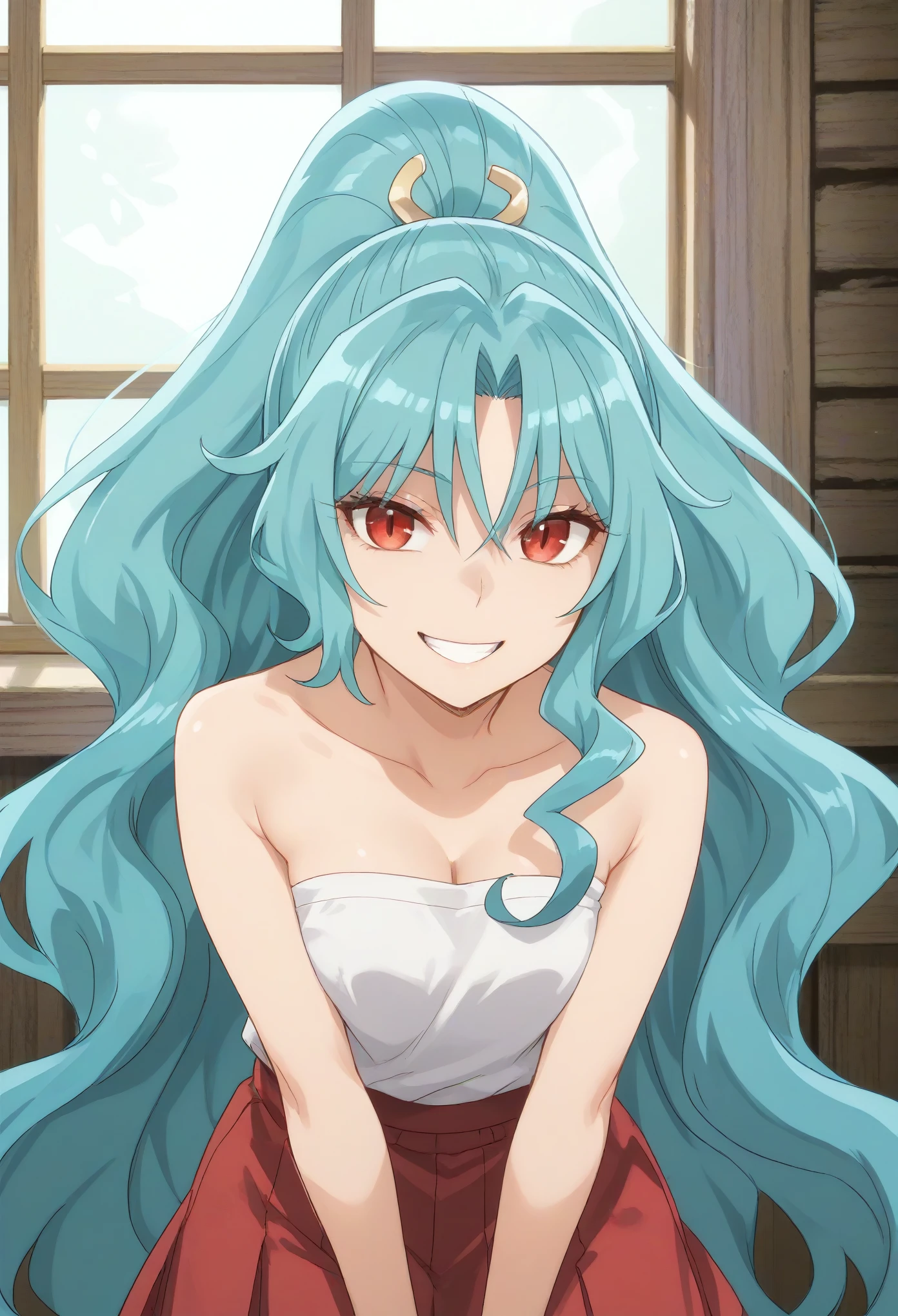 long hair aqua hair ponytail red eyes,slit pupils,portrait,front view,smile joy happy,big smile,looking at viewer,sleevless,bare arms,short skirt