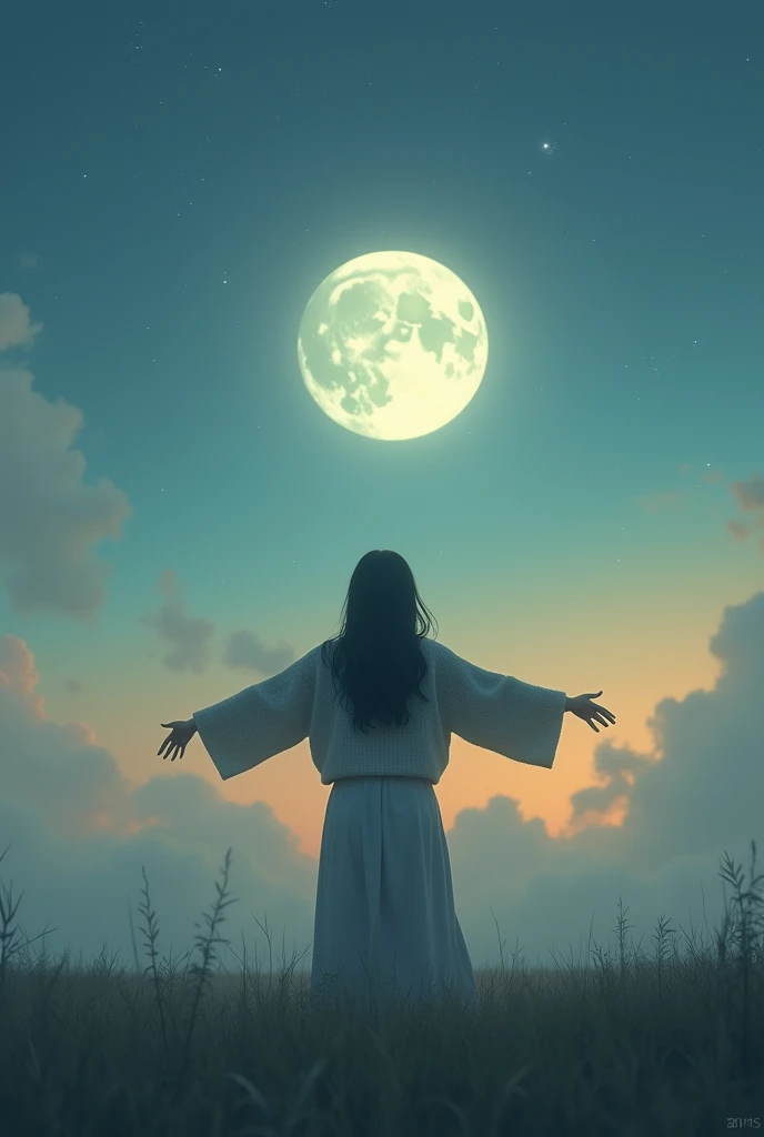 (photorealism:1.2), The image shows a serene night scene with a young woman standing in an open field, facing away from the camera. She has her arms outstretched as if embracing the sky or reaching for the moon, which is prominently displayed in the sky above her. The moon is large and bright, casting a gentle glow over the scene. The woman is dressed in a long skirt and a loose sweater, and her hair flows down her back. The landscape around her is soft and dreamy, with a misty or slightly blurred effect, adding to the ethereal quality of the moment. The sky has a gradient of soft colors, transitioning from deep blue to light orange, possibly indicating either dawn or dusk.