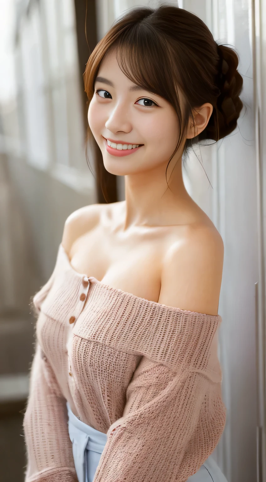 masterpiece,best quality,(Japanese girl),((Beautiful girl)),cleavage,(off shoulder:1.2),(perfect body beauty:1.2),(shy smile),From slightly above