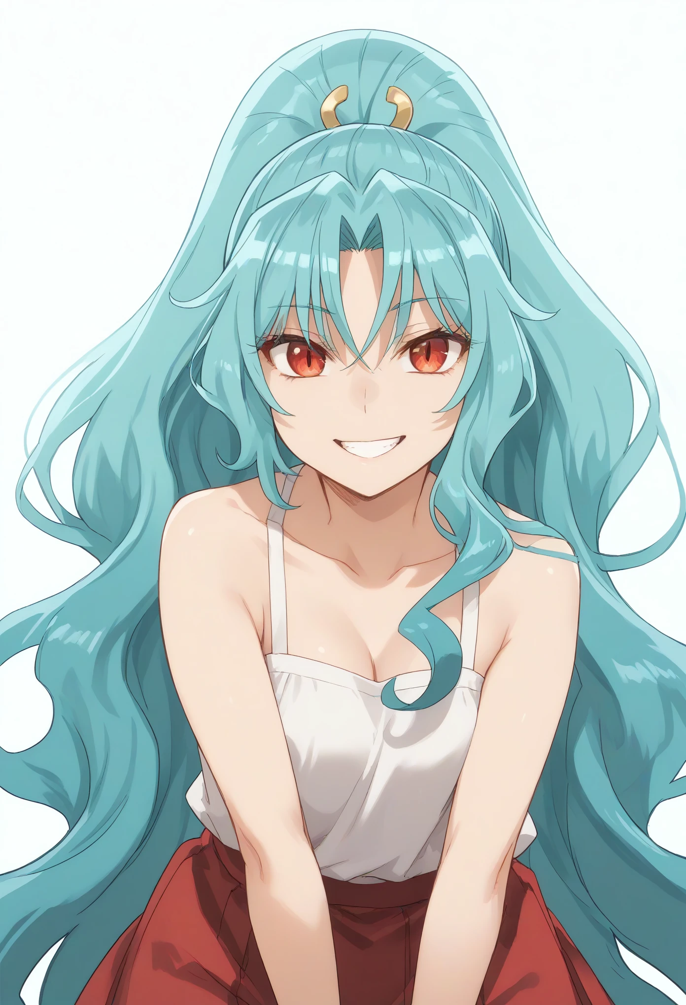 long hair aqua hair ponytail red eyes,slit pupils,portrait,front view,smile joy happy,big smile,looking at viewer,sleevless,bare arms,short skirt
