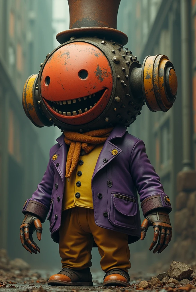 A terrifying 2-meter robot, with a circular head without ears or antennae and with a red or orange face with empty eyes and a huge smile,with a purple jacket and a yellow scarf with a brown top hat