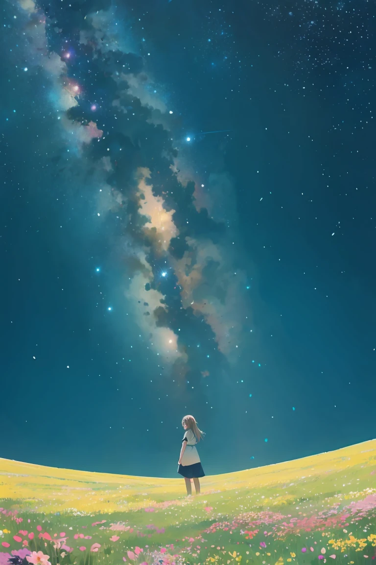 A girl on a meadow,Stars twinkling in the sky,Shining Star,milky way,I look up and see,masterpiece,Highest quality,最高masterpiece,Detailed anime art,Digital Art,