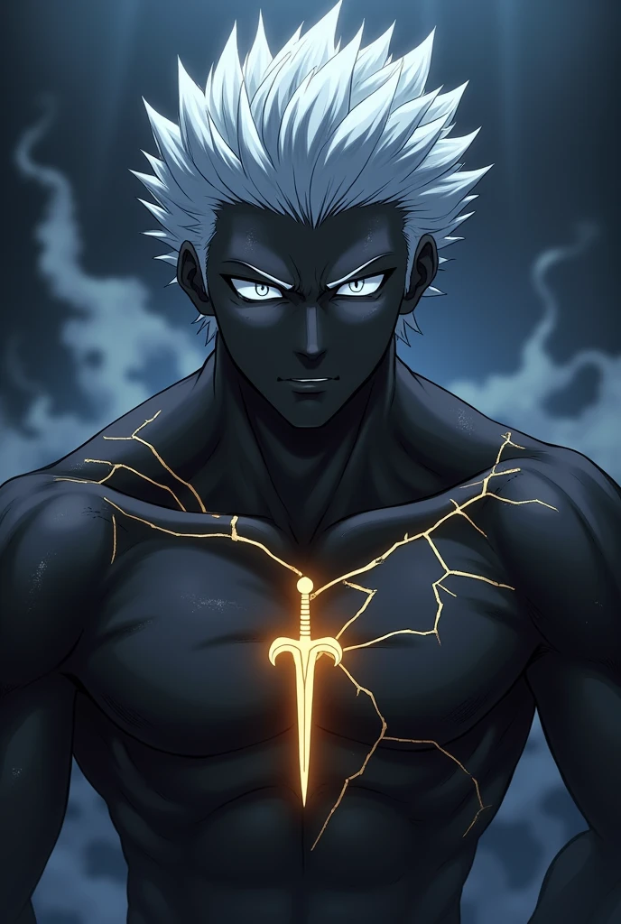 Young man,teenager, ebony skin, bright white eyes, cracked body, magic cracks, Smoke atmosphere, night, golden tattoo of sword: Excalibur on his chest, bare-chested. Powerful, muscular aura, anime style, Silver hair. (((Emiya Shirou face.)))