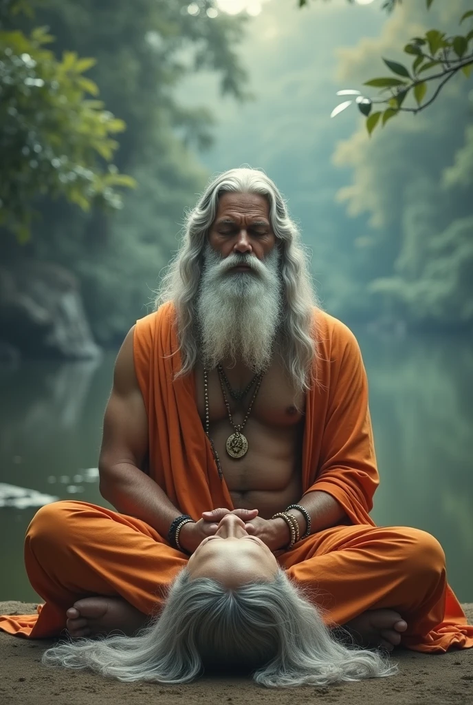 One man with good body structure meditating without head at one place holding his his head cut and kept on ground and meditating ,his head with good face and  and long white beard and full hair ,that meditating person looks like bramhana