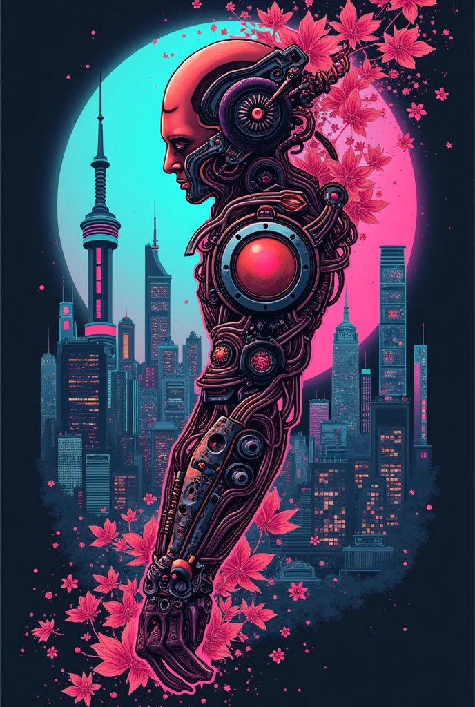Hey i want you to create an cyberpunk bionic arm tattoo design with cyberpunk, japanese, videogames theme
