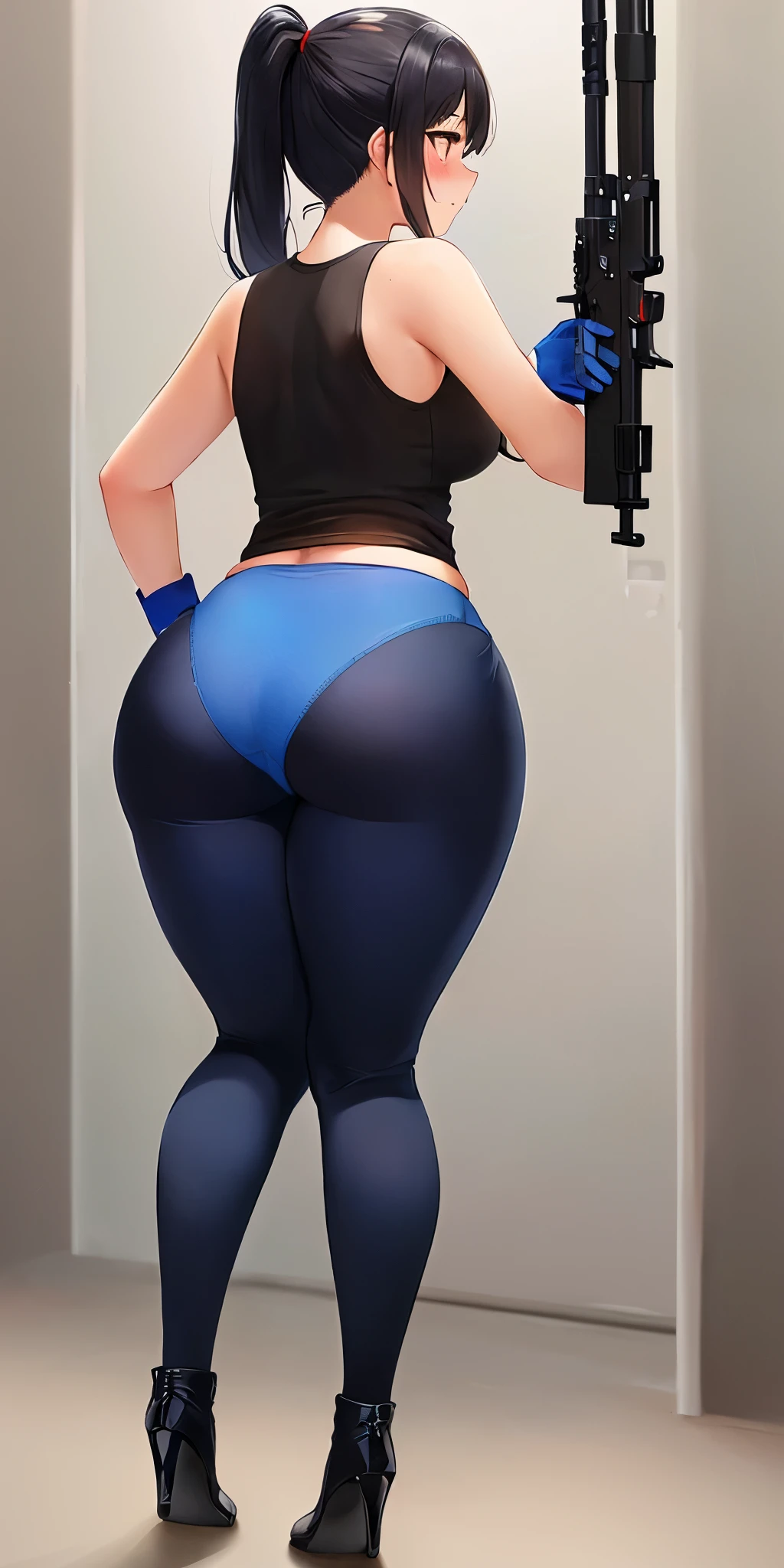 1 girl, black hair, ponytail, in shooting range, crouch position, taking aim, with black tank top, black legging, blue gloves, (blue panties on the outside the black legging), blue heels boots, medium breast, voluptuous, thicc, red cheeks, embarrassed, full body view, back view 
