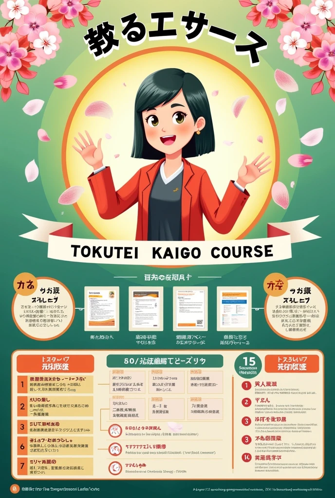 Create a poster for the Tokutei Kaigo certification exam preparation course. The main color is green., yellow and red In the middle is an enthusiastic teacher teaching the course with a 15-session roadmap Decorating Japanese symbols cherry blossoms. Effective E-Learning Course, exam-related documents