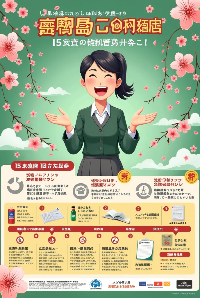 Create a poster for the Tokutei Kaigo certification exam preparation course. The main color is green., yellow and red In the middle is an enthusiastic teacher teaching the course with a 15-session roadmap Decorating Japanese symbols cherry blossoms. Effective E-Learning Course, exam-related documents