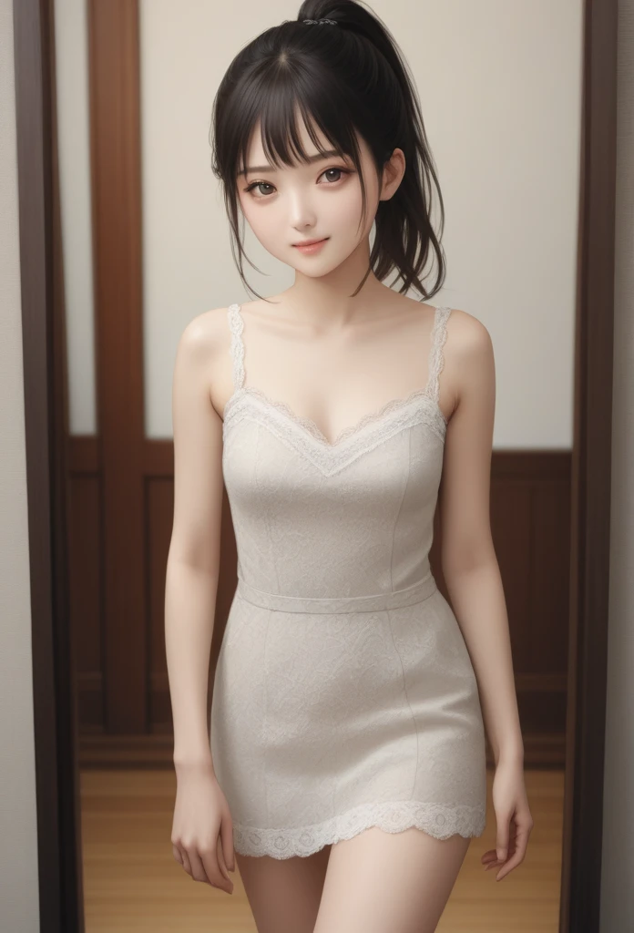 Image of beautiful age girl with top quality CG illustration。In high resolution、Beautiful fine details、tranquil atmosphere。(((Black Hair Bob Hair)))、Cute smile with mouth closed。Girl in white light short sleeve dress standing in room。
