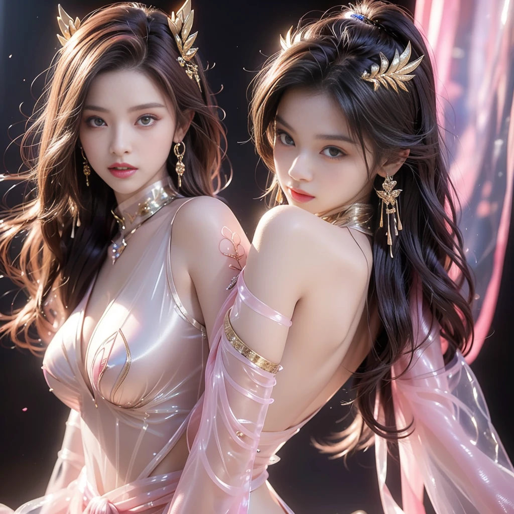 (2girls, **** Korea girls),yuri, 2girls, (kiss), (female masturbation:1.5),handcuffs, leg cuffs, collar, linked collar, skindantation, shy, red cheek, in cave, Realistic:1.2),shenzi,long hair,(pink hair:1.2),purple eyes,(very long hair:1.4),separated sleeves,jewelry,wide_sleeves,(hair_ornament:1.4),( nsfw, breasts out, puffy nipples), ((cum)), ((cum in pussy)), , one mole under eye, glowing eyes, piercing eyes,(hiqcgbody:0.3), (hiqcgface:0.3), epic, (royal palace), royal, ((rich, prestige)),(((Ultra-thin silk transparent sexy clothes:1.3))),pussy, pussy juice(There is white viscous liquid flowing out of the vulva:1.3),(sexual behaviour :1.5 ,(masterpiece, realistic, photo-realistic:1.2), finely detail, ultra high res, perfect anatomy, best quality, 8K, soft focus,((masterpiece, best quality)),utifully detailed face,ultra realistic 8k cg, charming, seductive, erotic, alluring, enchanting, deity, jewelry