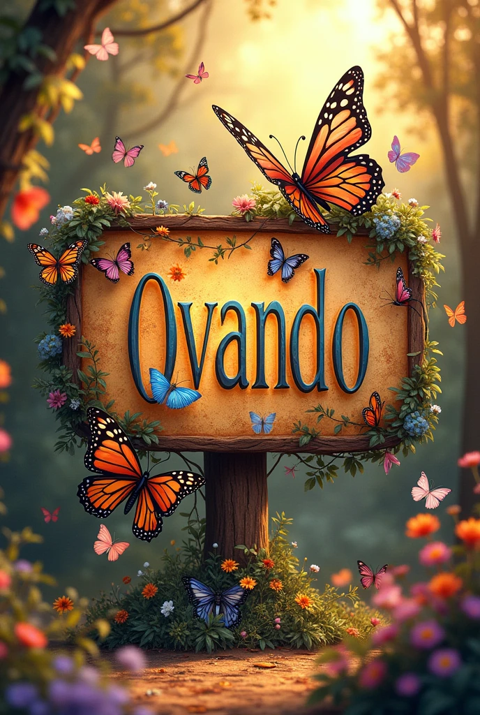 A sign with Ovando's name in the center with butterflies around it