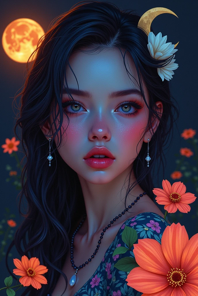 a colorful woman with flowers and moon in the background, digital art style, blacklight painting illustration, high resolution, high contrast color, hyperrealistic oil portraits, dark fantasy, vibrant colors, colorful illustration, black background, moon on head, hair flowing around face, crescent shaped moon above her left shoulder,