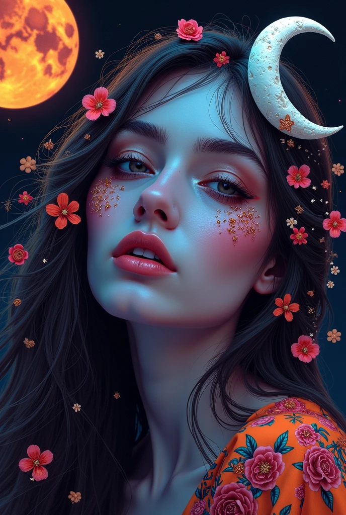 a colorful woman with flowers and moon in the background, digital art style, blacklight painting illustration, high resolution, high contrast color, hyperrealistic oil portraits, dark fantasy, vibrant colors, colorful illustration, black background, moon on head, hair flowing around face, crescent shaped moon above her left shoulder,