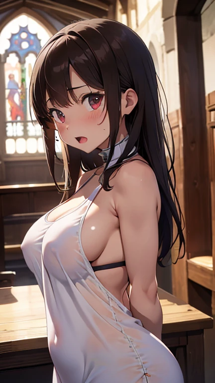 mastute piece,Best Quality,insanely detailed,8k cg,nsfw,
(shoot upper body:1.3),
(1girls:1.3),standing,looking at viewr,body in front,((both arms behind back:1.4)),(priest costume:1.4,mitra:1.2),(bare breasts),break,
blush,shy,(ecstasy face),(trembling:1.2),break,(light brown hair:1.2),
break,
perfect breasts,perfect teats,(open mouth:0.9),(large breasts:1.3),
(church:1.1),