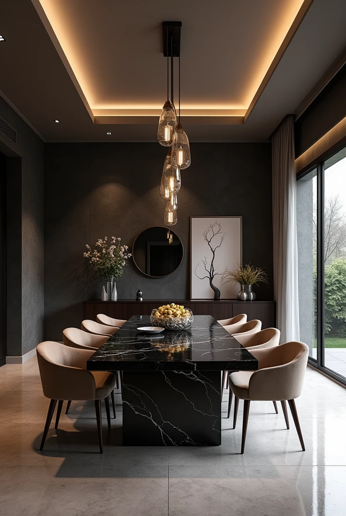 Professional 3d architecture rendering design of modern and minimal dining room with dark stone steel colour modern velvet 8 chairs and black stone marble table modern and modern ceiling lighting and elegant ceiling lighting and dark wooden consulate with elegant mirror elegant and modern ceiling lighting and elegant wall painting and elegant accessories