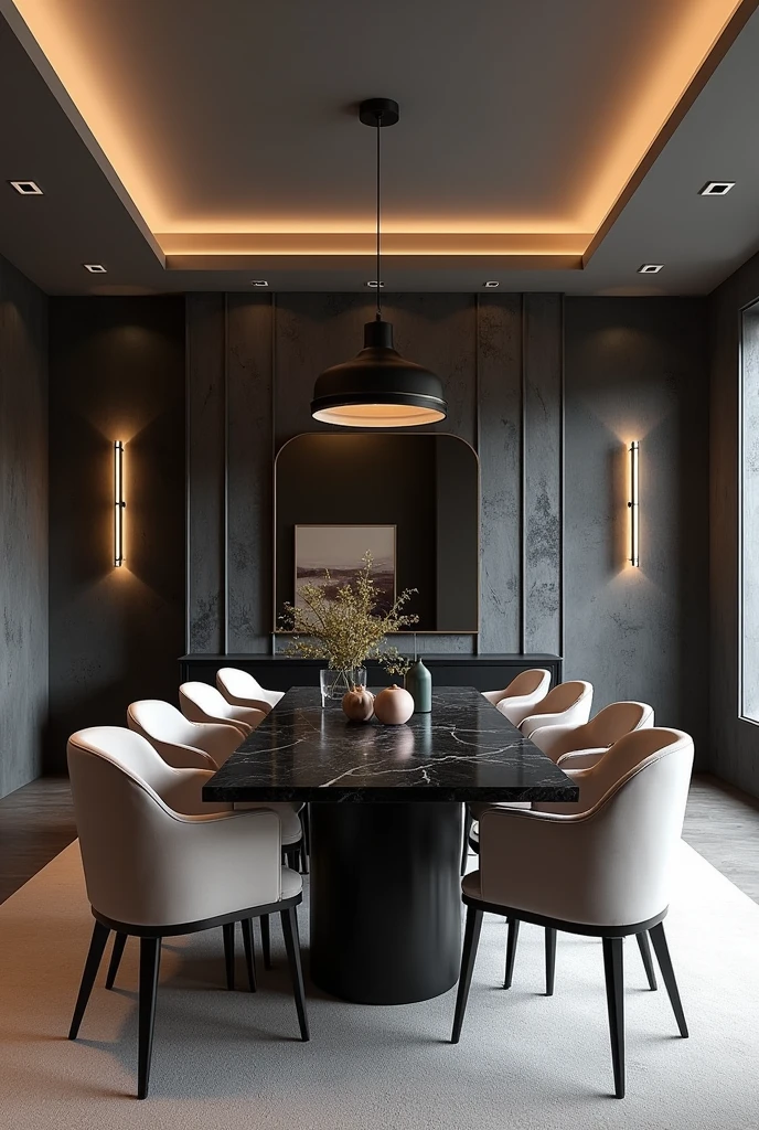 Professional 3d architecture rendering design of modern and minimal dining room with dark stone steel colour modern velvet 8 chairs and black stone marble table modern and modern ceiling lighting and elegant ceiling lighting and dark wooden consulate with elegant mirror elegant and modern ceiling lighting and elegant wall painting and elegant accessories