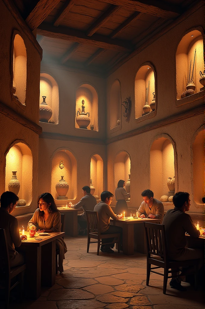 Create a cafeteria decorated with niches containing antique pots, Rock hieroglyphs and Inca bows and arrows.