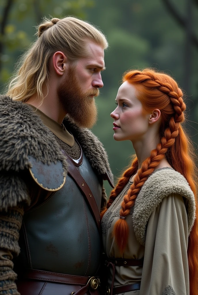 Ragnar lothbrok da série aos 30 anos, blondie hair, short beard, next to him a 20 year old peasant girl, natural redhead with viking hairstyles, dressed in Sansa Stark style