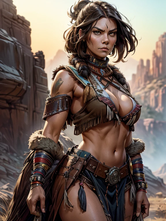 portrait photograph of Lauren Cohan as a apache, young beautiful native american woman, perfect symmetrical face, perfect body, sagging breasts, indigenes feather jewelry, traditional handmade dress, armed female hunter warrior, (((wild west))) environment, Utah landscape, ultra realistic, concept art, elegant, ((intricate)), ((highly detailed)), depth of field, ((professionally color graded)), soft ambient lighting, dusk, 8k, art by artgerm and greg rutkowski and alphonse mucha