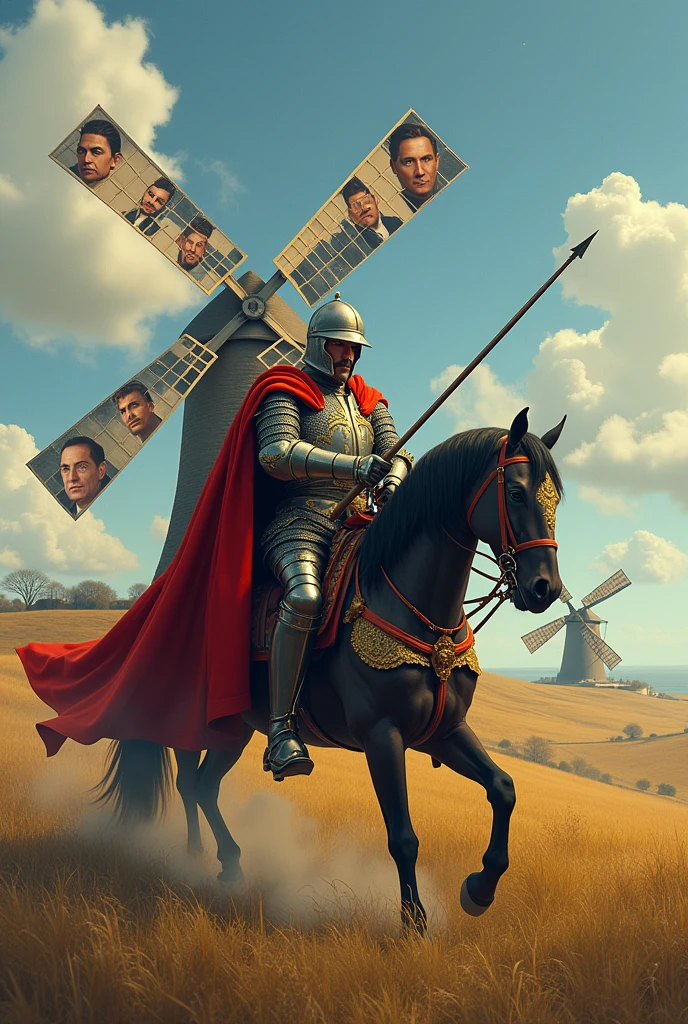 Judge Alexandre de Moras dressed in Don Quixote&#39;s armor, mounted on his horse, pointing his spear at a Dutch windmill, where on each shovel is Bolsonaro&#39;s face