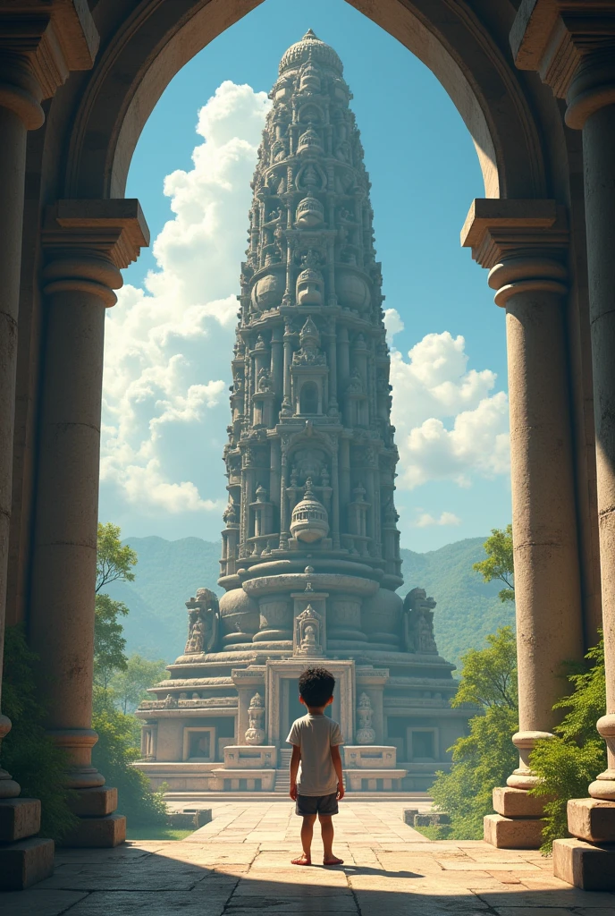 a boy in front of a big shivaling
