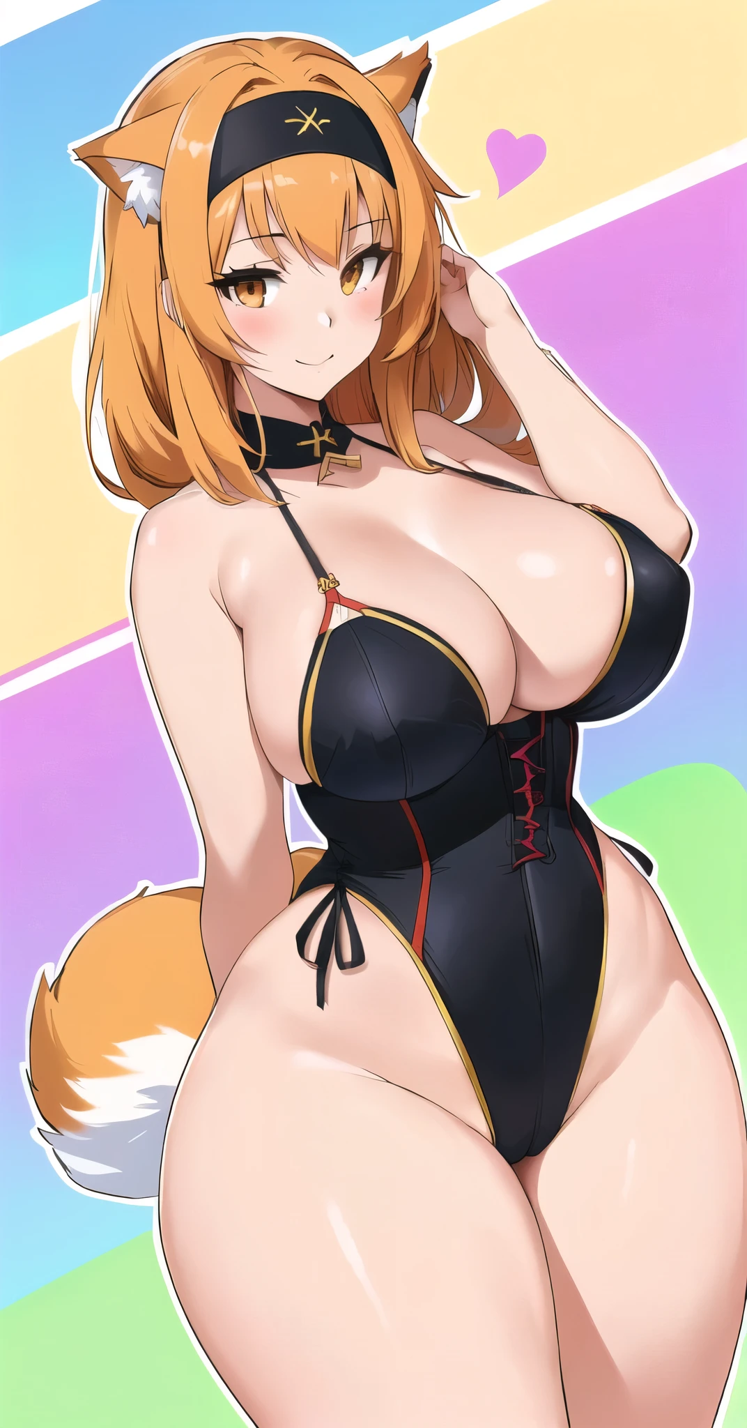 anime girl with big boos and a cat tail in a black corset, anya from spy x family, thicc, sfw version, (sfw) safe for work, fluffy orange skin, commission for high res, , breasts covered and sfw, fullbody commission for, fluffy chest, is wearing a swimsuit, cushart kenz, a beautiful fox lady