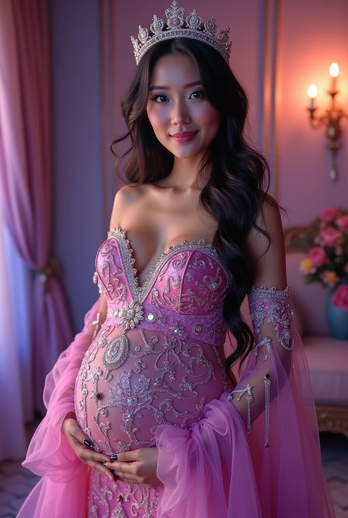 ((Highest quality、Flying debris、8k、Best image quality、Extremely intricate and detailed))、(The most gorgeous high-end prostitute princess:1.1)、(The most gorgeous prostitute princess' finest outfit:1.1)、The most vibrant and luxurious prostitute costumes、(An unimaginably luxurious goddess' room:1.1)、(Sparkly purple and pink princess room:1.1)、The most luxurious purple and pink room、Purple and pink gemstones、A glittering room decorated with many jewels、Night room、Very intricate decoration、A very transparent goddess' room、Perfect Makeup、Long eyelashes、lipstick、Pink Eyeshadow、Perfect Anatomy、Ultra-high definition glossy skin、Ultra-high definition glossy lips、Ultra HD Hair、Ultra high definition beauty face、Ultra-high definition sparkling eyes、Long Hair、(A beautiful, captivating smile staring at me:1.1)、Very slightly pregnant