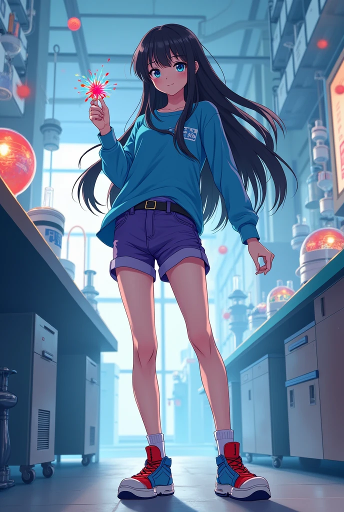 1 Japanese woman,Age 16,long black hair,Blue long sleeve shirt,Purple shorts,Red and blue shoes,Holding a candy,behind,Lab,Cool anime