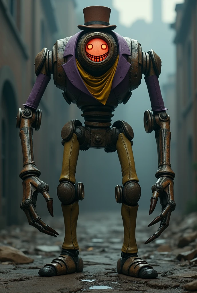 An imposing robot, scary and ancient, tall and long legged with gear mechanisms with a completely circular head with a red or orange face with empty eyes and a huge smile with a brown top hat, with a purple jacket,with yellow pants and yellow scarf