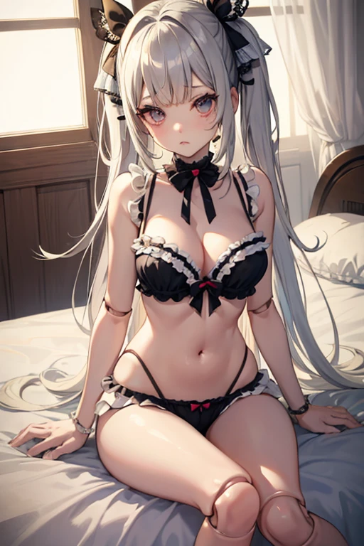 cute doll, big eyes, doll joints, expressionless, hair ribbons, detailed face, kawaii ruffled underwear, cleavage, submissive, pastel colors, natural light, side lighting, navel, sitting on bed, sexy pose