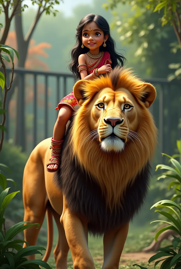 Indian Girl sit on lion in zoo