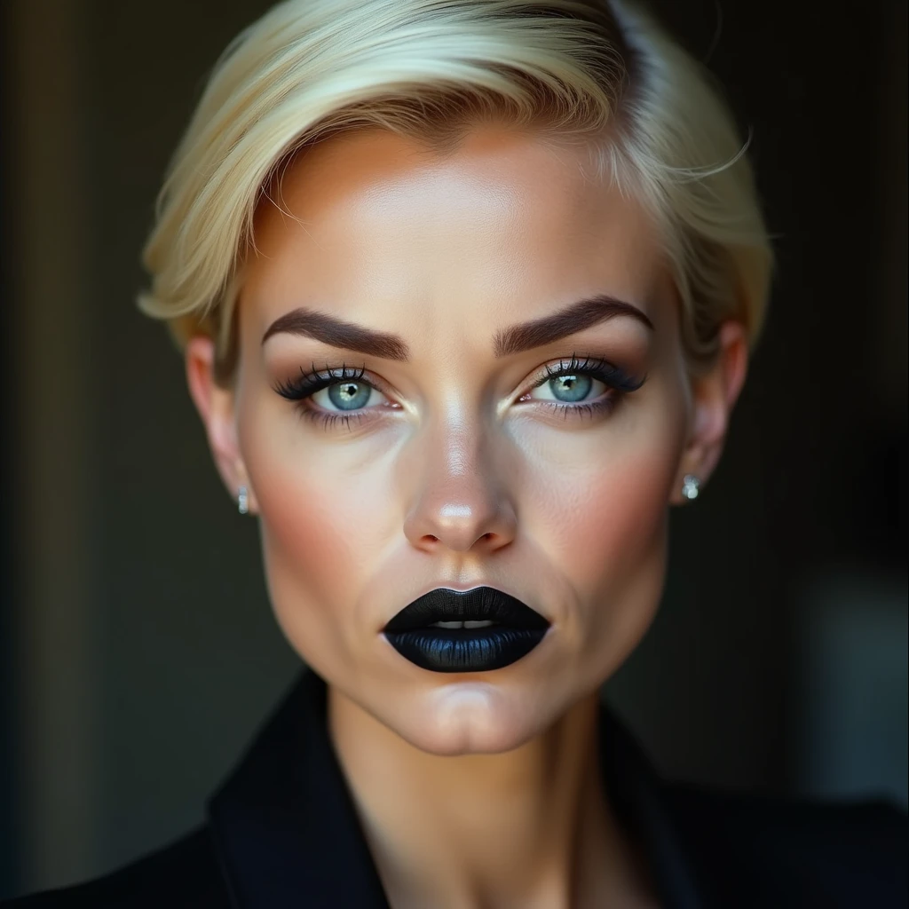 Adult female face, 30 years old, French, rich people, celebrity, arrogance, contemptuous, cruelty, Fine, clear, white skin without wrinkles or blemishes, Blonde, short hair, pixie cut, Forehead, arched, thin and light eyebrows, loose double eyelids, clear, reflective blue eyes, A straight, high nose, well-proportioned nostrils, Full lips, dark lipstick, Shapely cheek line, clean jaw