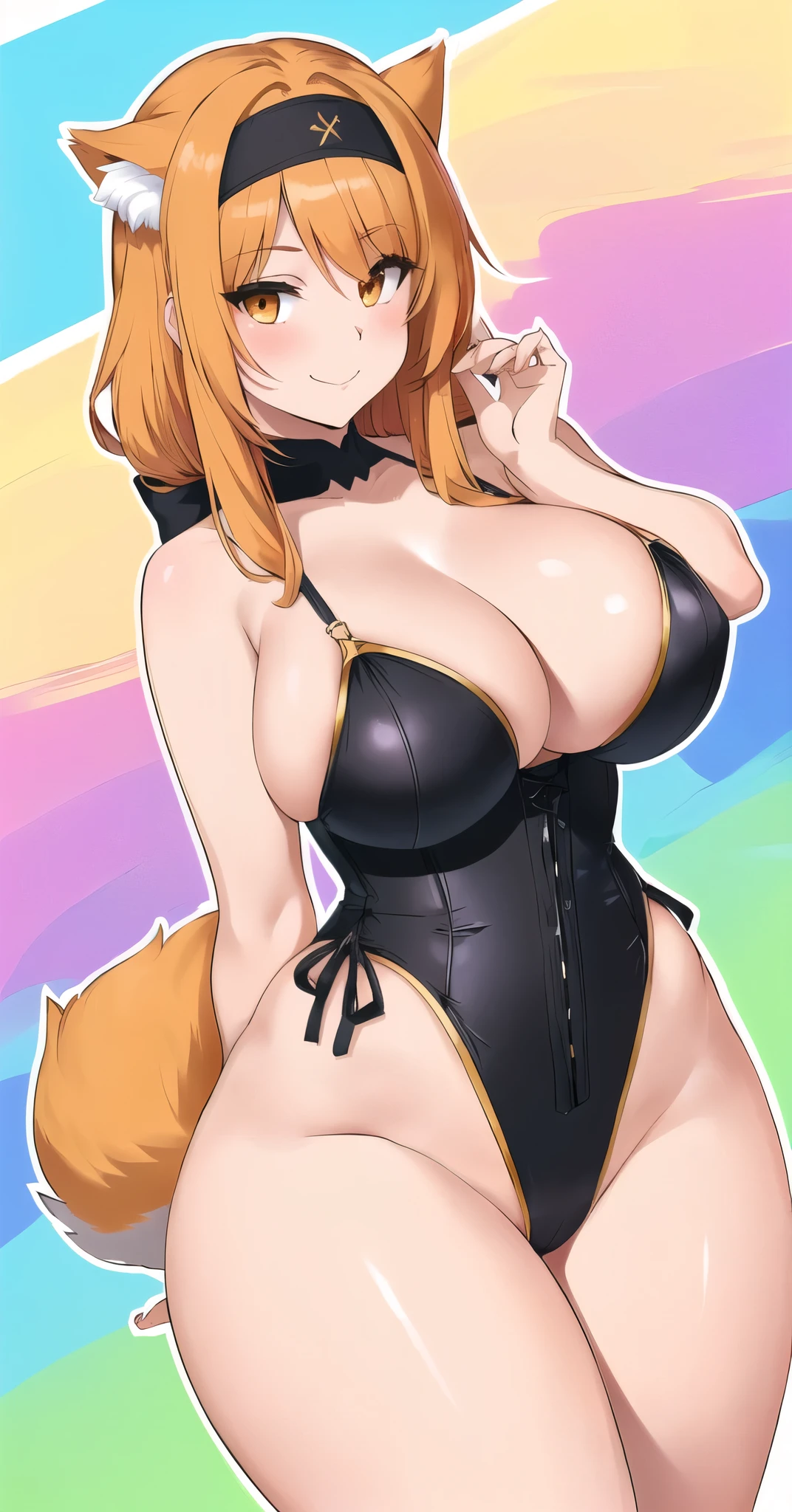 anime girl with big boos and a cat tail in a black corset, anya from spy x family, thicc, sfw version, (sfw) safe for work, fluffy orange skin, commission for high res, , breasts covered and sfw, fullbody commission for, fluffy chest, is wearing a swimsuit, cushart kenz, a beautiful fox lady