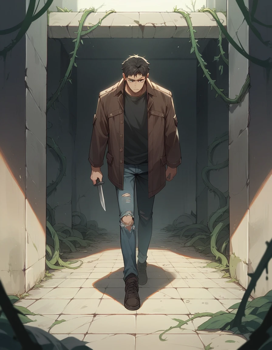 A wall with a dark concrete face, with vines like that around, and black smoke coming out of the walls, in the middle of a street deteriorated in ruins, A boy with a dark jacket and torn pants and a knife in his hand walking