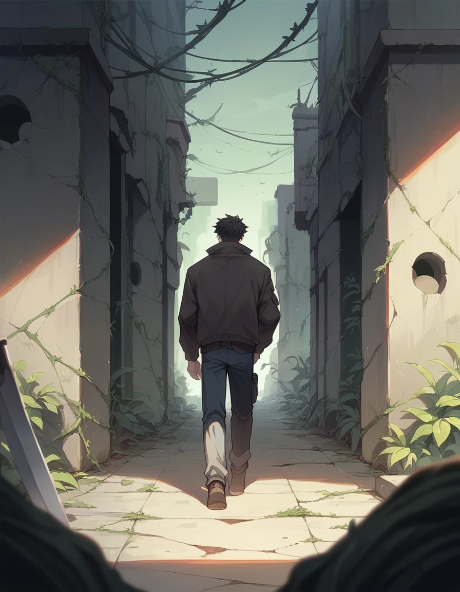 A wall with a dark concrete face, with vines like that around, and black smoke coming out of the walls, in the middle of a street deteriorated in ruins, A boy with a dark jacket and torn pants and a knife in his hand walking