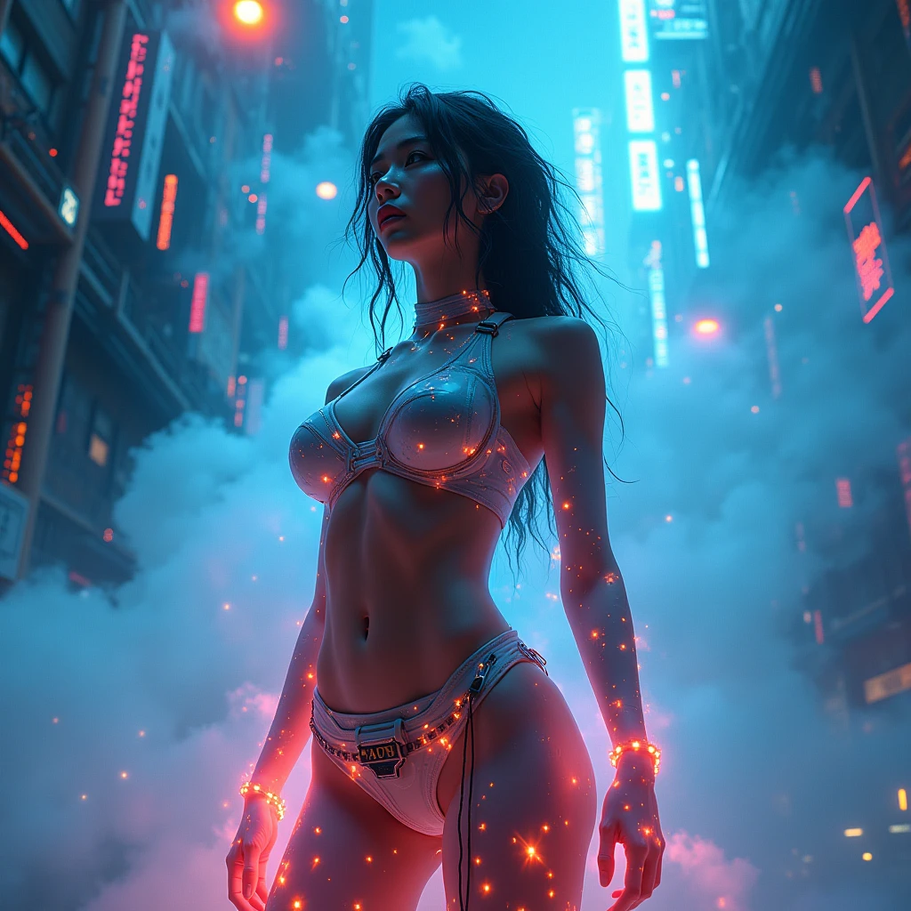 Les gratte-ciels imposants de la ville scintillent de néons, leurs reflets dansant sur les surfaces lisses des rues en contrebas. Soudain, un éclair d'énergie éclate laissant apparaître une forme holographique vibrant de vie. Couverture et pochette de magazine avec inscriptions. Realiste. Perfection. Finition. ((Parsemé de détails dispersé))