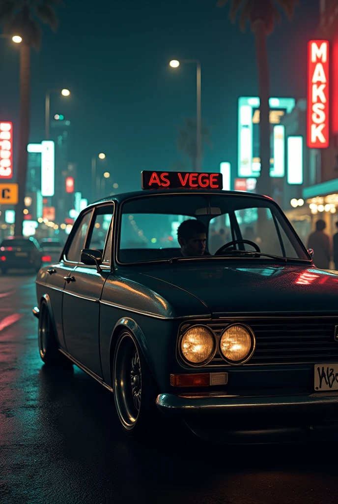 On the streets of Las Vegas , in the streets , inside a square gol car, founding 1 cigarette ,with the sound loud, Lowered square goal in black ,written on the sign : KAGE