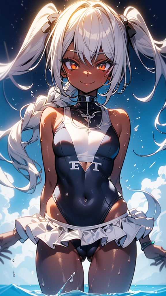 (dark skin,Silver Hair,Fox Girl),(Perfectly detailed face),(Young),twintails , highleg competition swimsuit, (((Competition 水着 that fits perfectly to the body))),,cameltoe,School swimming pool,noon,sweaty,Smirk,High resolution, masterpiece, Highest quality, High resolution, Cowboy Shot