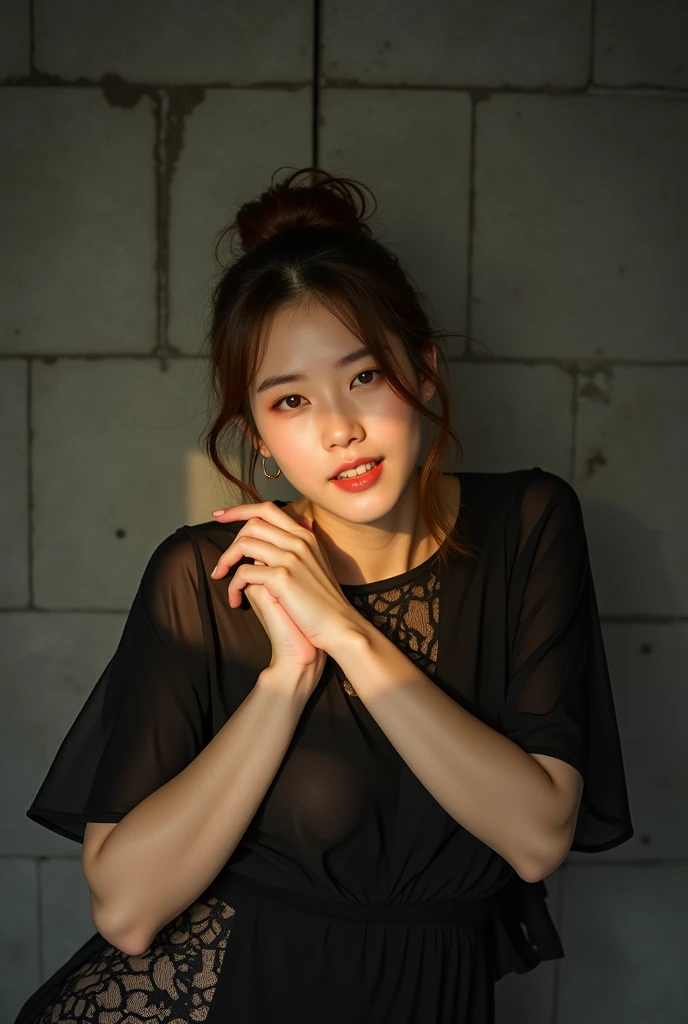 (Highest quality:1.4),(masterpiece:1.4),(Realistic:1.4),(Realistic:1.2),(超High resolution, RAW Photos:1.4),(High resolution, Very detailed:1.2),(8k:1.2),photograph,(Shot from behind:1.3)、Korean women、brown hair photos,One Woman,alone,(In underwear),Very large breasts,((Thigh to head shot:1.3))、(((topless、You can see her large breasts from the side.)))、((Toothy smile))、((Very large breasts:1.4))、Realistic skin textures、Slightly freckled、Slender figure、Realistic skin textures、((background,Concrete wall:1.3)),(topless,The breast is visible from the side:1.6),(Long lace slip,White)、3 woman、The angle at which the nipple is not visible、((Updo long hairstyle))、((Black,Long lace slip:1.4))、Correct toes、Detailed facial features、Long slip covers the buttocks and soles of the feet、Long slip covers your butt、