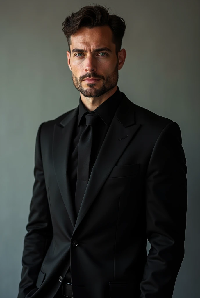 handsome 30 year old man, black hair, blue eyes, filled lips, tall and muscular. He has a black Victorino suit, elegant. Without beard.