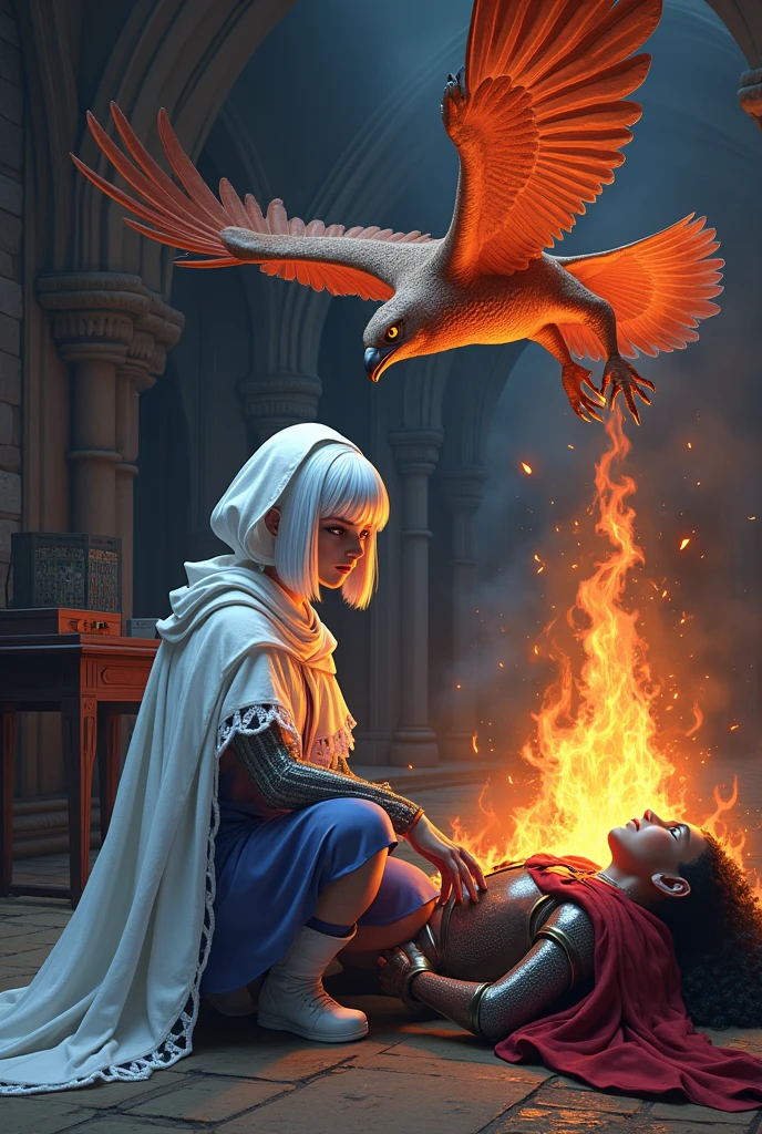 (Face ultra detailed, looking away, Fantasy illustration with gothic, Ukiyo-e, comic book art, rich colors), break (A dark elf healer is tending to an injured knight lying on the ground, trying to channel the god she worships. A flame-clad falcon hovers above the knight, and flame particles flow from the falcon's body to the knight's body.), break (The location is a medieval European style church room used as a field hospital.. It's dark outside, and the building is on fire with smoke.), break (Black Elves: A young dark elf with silver hair, Blunt bangs, bob cut and dark skin, lavender eyes.), break (Black Elves: A dark elf healer wears a white veil, a simple lace linen cloak, a blue tunic, and white nurse shoes.) INFO Size 688X1024 Date Aug 24, 2024 Modo Estúdio Tipo grid Checkpoint SeaArt Infinity Phoenix A dark elf healer channels the Undying Court she