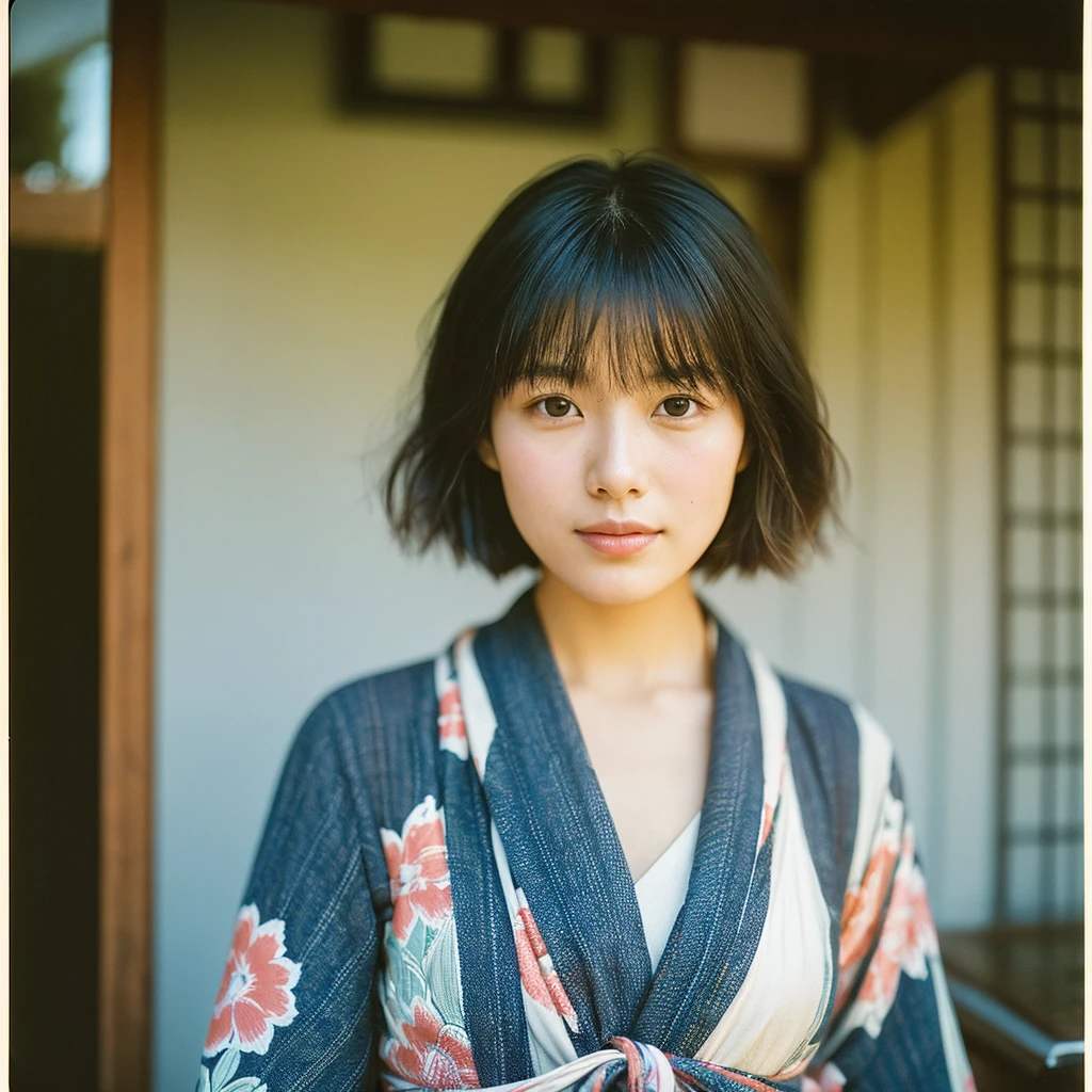 A hyper-realistic image of a single Japanese woman in her early 20s, captured from the shoulders up with the distinctive warmth and pronounced graininess of a vintage film camera. She is wearing a traditional Japanese yukata with an elegant, classic design, featuring delicate floral patterns such as cherry blossoms, peonies, or traditional motifs like wave and fan designs. The yukata is made from lightweight cotton fabric with a soft, slightly textured weave that drapes naturally over her shoulders. The color scheme is traditional, including shades like deep indigo, soft pastel pinks, or light blues, with accents of white. The yukata is wrapped correctly, with the left side over the right, and is visible only from the shoulders up, ensuring the neckline and part of the obi appear subtly in the frame. Her skin has a warm beige tone with a noticeably rough texture, including visible pores, fine lines, minor blemishes, uneven tones, and slight skin folds, capturing the true imperfections of human skin. The natural light is soft and diffused, intentionally subdued to prevent harsh highlights, creating a calm, understated atmosphere with muted shadows typical of film photography. Her straight, slightly tousled black hair frames her face naturally, and her deep brown eyes reflect the subdued ambient light, adding depth but maintaining a soft, nostalgic focus. The film camera effect is pronounced, with noticeable grain, desaturated colors, and a soft vignette around the edges, enhancing the vintage aesthetic. The overall composition captures her serene, understated elegance, with a focus on realistic skin texture and gentle lighting, portrayed through the distinctive lens of a classic film camera.