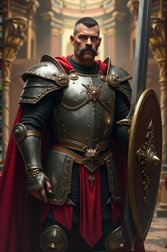 Human, late 30s, 6foot 4 inches. Green eyes, thick mustache but clean shaven. Captain of the King's Guard, hhas broad shoulders, a thick torso, a budy rippled with muscle. Carries a large sword and shield, an intimidating figure but incredibly loyal and a deeply passionate person when it comes to romance