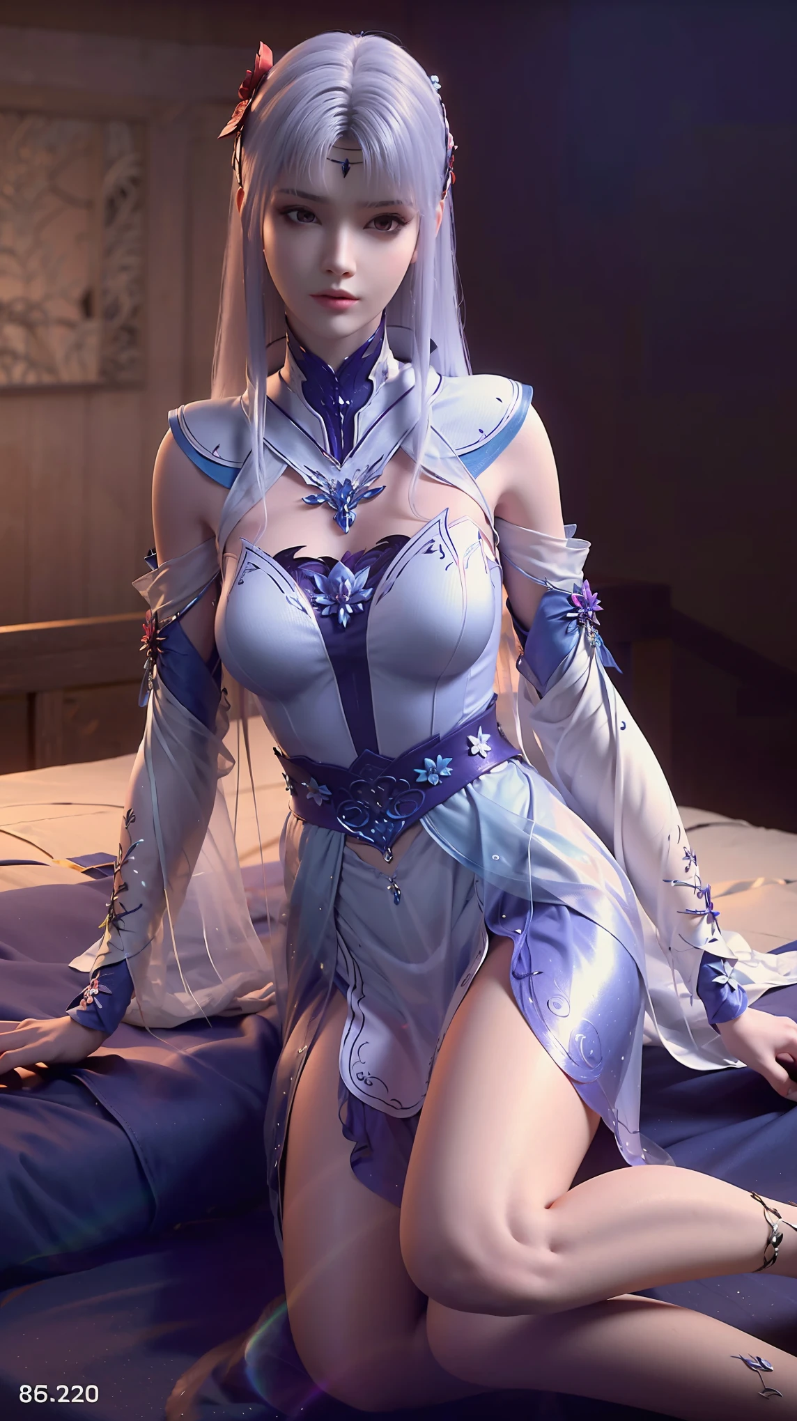 a beautiful young woman with long hair, wearing a nightgown, sitting on a bed, barefoot, in a dress, lying on her side, cross-legged, full body shot, (best quality,4K,8k,highres,masterpiece:1.2),ultra-detailed,(realistic,photorealistic,photo-realistic:1.37),beautiful detailed eyes,beautiful detailed lips,extremely detailed eyes and face,longeyelashes,natural lighting,warm tones,soft focus,portraits,clair obscur,depth of field,Black silk stockings